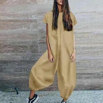 

Jumpsuit Women Cotton Linen Short Sleeve Casual Loose Wide Leg Jumpsuit Overall Playsuit Pants