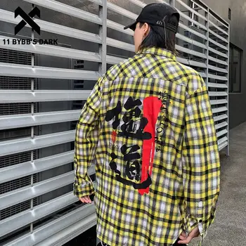 

11 BYBB'S DARK Plaid Letter Printed Mens Shirts Streetwear 2019 Hip Hop Tops Harajuku Casual Cotton Male Long Sleeve Oversized