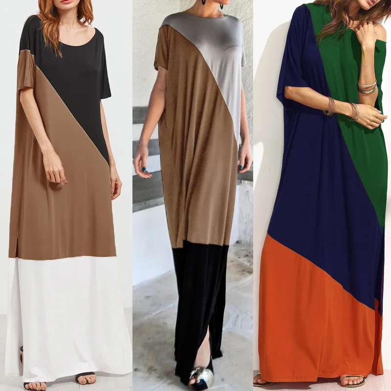 ZANZEA, женское Лоскутное Длинное Макси платье, повседневное, короткий рукав, Vestidos, элегантное, с круглым вырезом, Пляжное, для вечеринки, сарафан, кафтан, халат для женщин