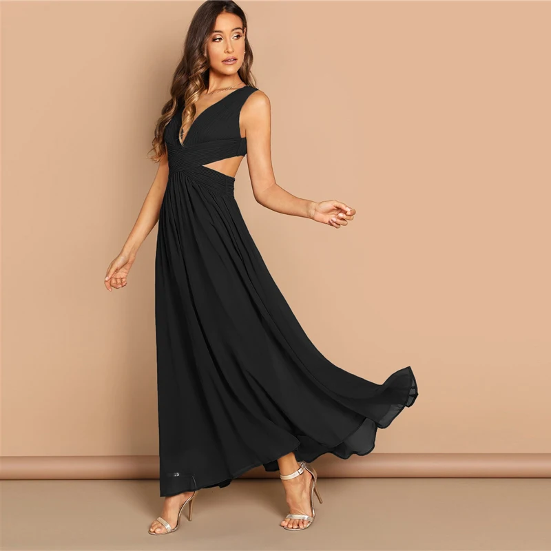 SHEIN Однотонное Платье С Глубоким V-Образным Вырезом Женское Голубое Элегантное Платье Без Рукавов С Открытой Спиной