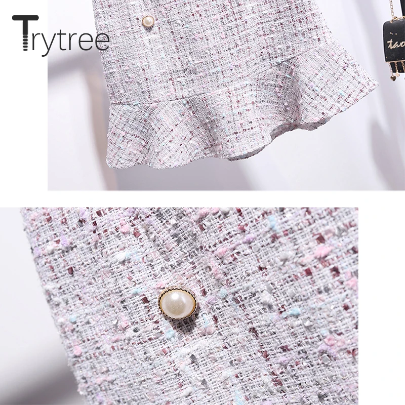 Trytree осенне-зимний комплект из двух предметов, повседневный топ с круглым вырезом и кисточками+ юбка на молнии с оборками и жемчужинами, комплект из 2 предметов для деловой женщины