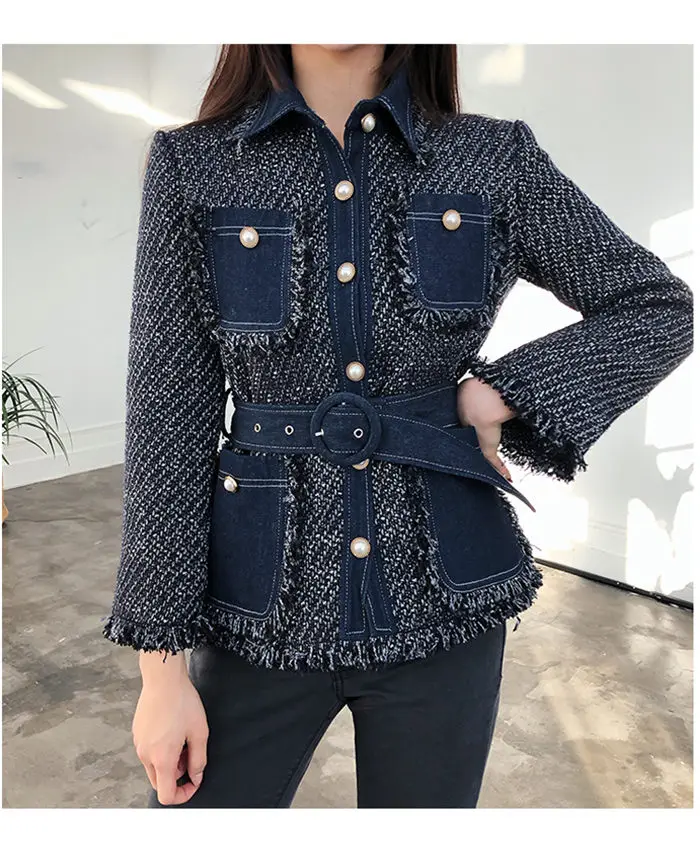 Beading Design Coat Women Autumn Fashion Denim Patchwork Lady New Multi Pocket Tassel Tweed Jacket Belted Runway Outwear f1534