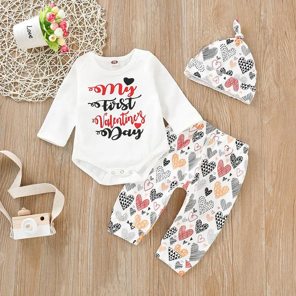 Хлопковый комбинезон с принтом «My First Valentine's Day» для маленьких девочек от 0 до 24 месяцев+ штаны+ повязка на голову, комплект из 3 предметов
