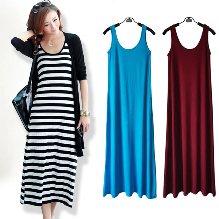 

Modal Dress Summer 2019 New Style Sleeveless Vest Dress Women Stripes Slim Fit Base Skirt