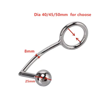 40mm 45mm 50mm for choose Anal plug Ball on Angled butt hook with penis ring fetish cock chastity Stainless Steel adult sex toys 5