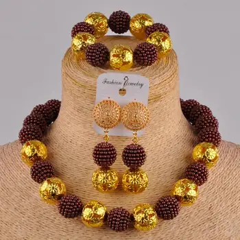 

Laanc Brown Simulated Pearl Beads African Jewelry Set 2017 Nigerian Wedding Necklace Sets Z6JQ015