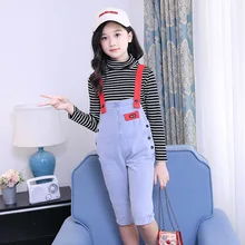 Комбинезоны для девочек-подростков; комбинезон; сезон лето-весна-осень; джинсовые комбинезоны в ковбойском стиле; детская одежда; комбинезон; джинсы с красной лентой