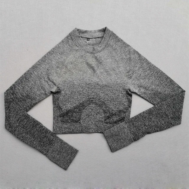 Dark gray top 2 Женский комплект для йоги, одежда для спортзала, Омбре, бесшовные градиентные леггинсы+ Топ с длинным рукавом, спортивный костюм для тренировок, Женский комплект для фитнеса, одежда для активного отдыха - Цвет: Dark gray top 2