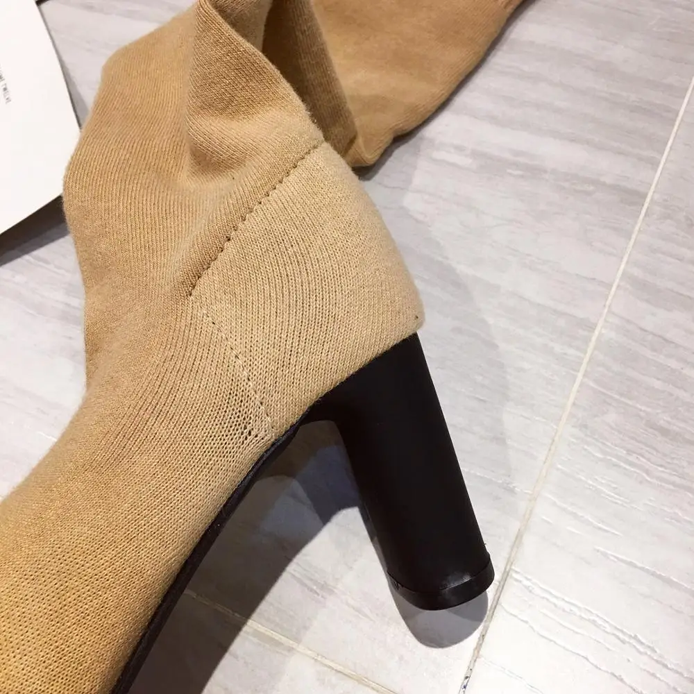 Women High Heel Boots Women Sock Boots Over The Knee Pointed Toe Elastic Fabric Boots Woman Slip On Thick High Heels Stretch Woman Black Brown