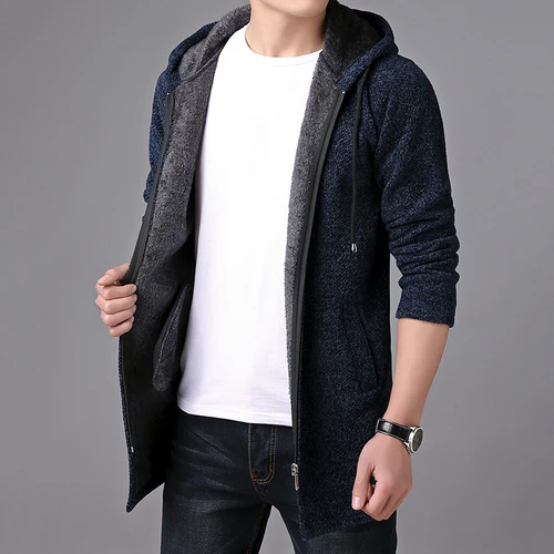 blue winter new plus velvet sweater men's jacket sweater hooded trench long hooded fleece sweatercoat - Цвет: blue