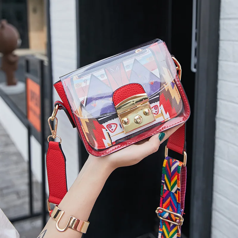 

2019 JIULIN high-quality Harajuku style transparent wide shoulder strap diagonal shoulder single square Ladies' small bags