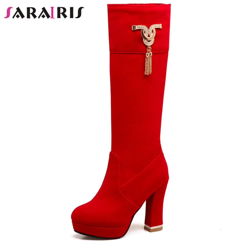 

SARAIRIS Plus Size 32-48 Office Lady Elegant Black mid-calf Boots Women Fashion Metal Decorating Boots High Heel Shoes Woman