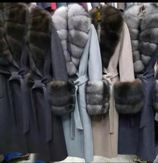 Бирюзовый Настоящее женское меховое пальто зимняя куртка воротник из натурального Лисьего меха кашемировая шерсть длинная свободная верхняя одежда женская уличная одежда - Цвет: Бирюзовый