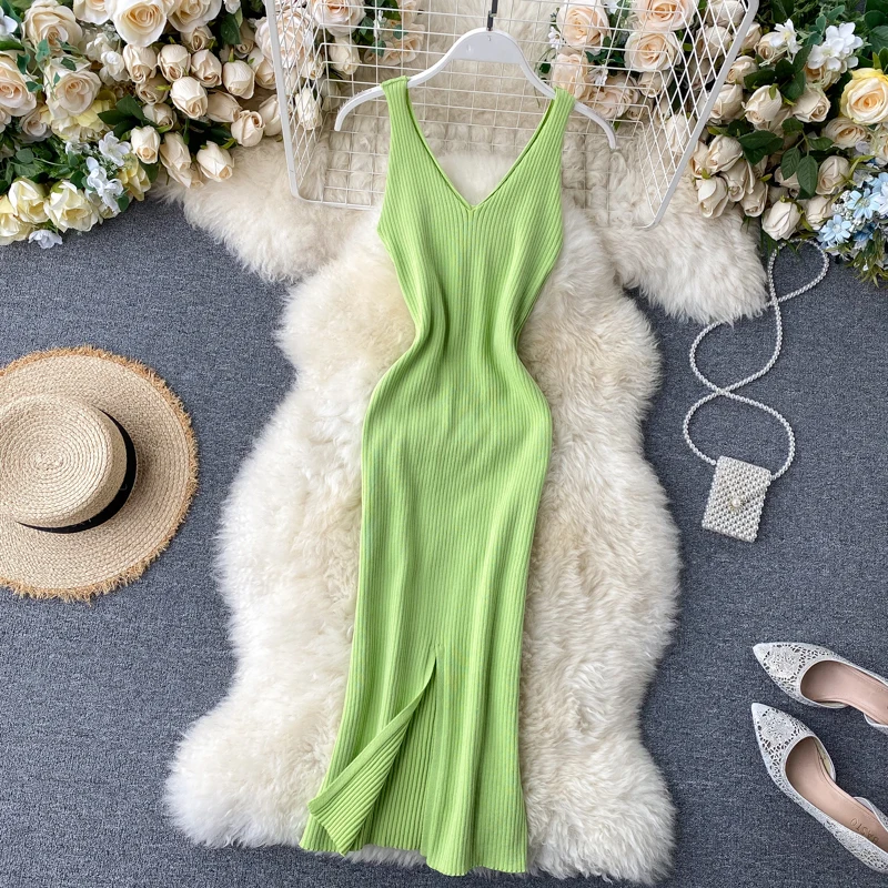 2020 sexy Slim v neck Knitted Midi Dress tank sundresss vestido de fiesta split Summer Party Women Casual Knee Length dress
