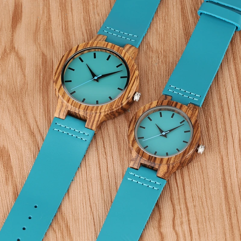 Роскошные Royal Blue Wood Watch Top Кварцевые Наручные Часы Натуральный Бамбук Часы Повседневная Кожа Подарки на День