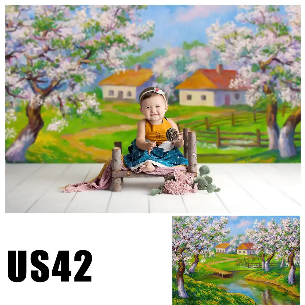 ベビーフォトブース背景の油絵ピンク開花木の写真の背景小川田舎スタジオポートレート壁紙 Background Aliexpress