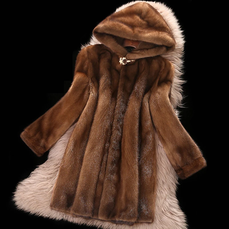 Dark Brown Высокая искусственная норковая шуба женская Новинка плюс размер 6XL средней длины зимние с капюшоном топы женские утепленные коричневые норковые шубы - Цвет: Dark Brown