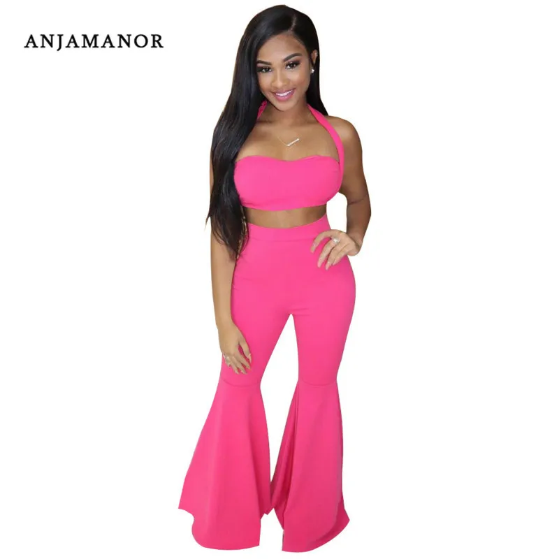 

ANJAMANOR Sexy Two Piece Set Crop Top Wide Leg Pants Matching Sets Fall 2019 2 Piece Outfits for Women Club Holiday D43-AD57