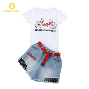 

2019 Wholesale New Fashion Kids Cute Summer Cute Sets Kids Children New Summer Girls T Shirt Shorts Clothing Jeans Clothes Set