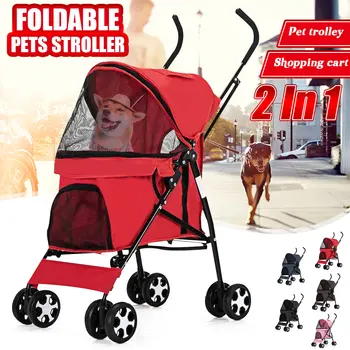 

2 In 1 Pet Stroller Dog Cat Foldable 4 Wheeled Carrier Outdoor Travel Cart Multi-directional Breathable Nets Shock-absorbing