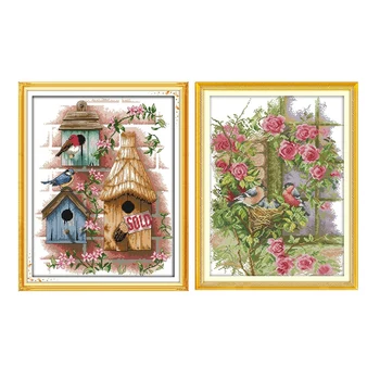 

Embroidery Kit 14CT Birds' Family Pattern Cross-Stitching 35 x 45cm & Cabin Pattern Cross-Stitching 34 x 43cm