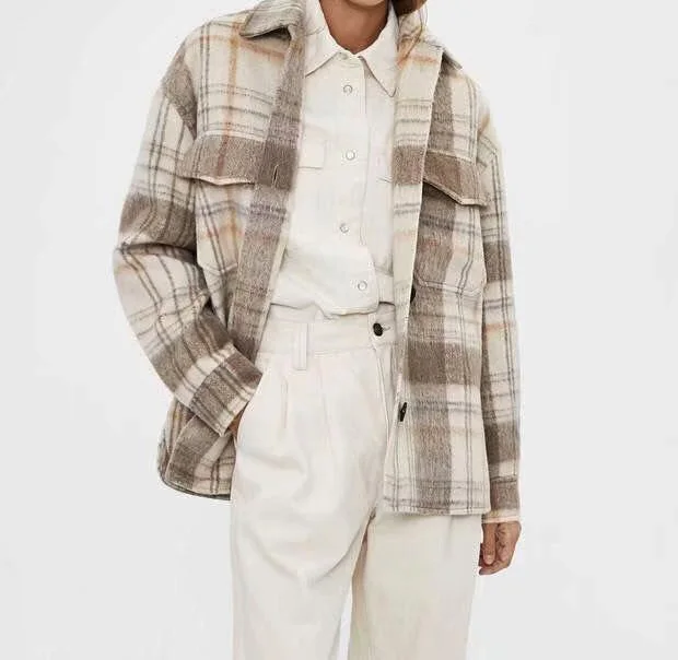 buy Star firefly high quality elegant plush coat female 2019 casual retro plaid loose jacket women lape