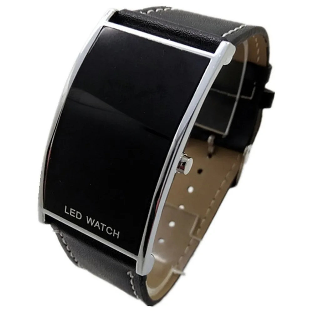 

LED bridge type mirror Watch minimalist leather normal waterproof LED men smart electronics casual watches