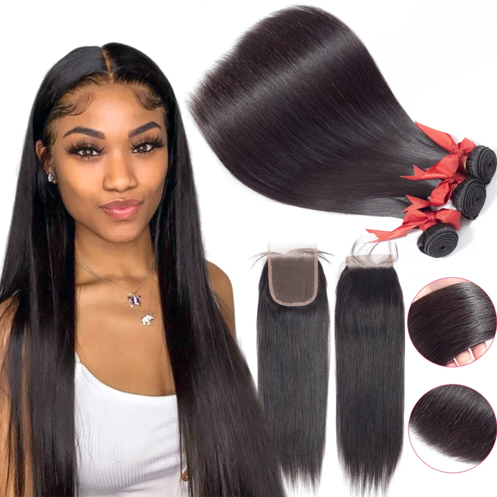 BEAUDIVA-mechones rectos con cierre, con cierre brasileño mechones de cabello, mechones de cabello humano postizo, extensión de cabello con cierre