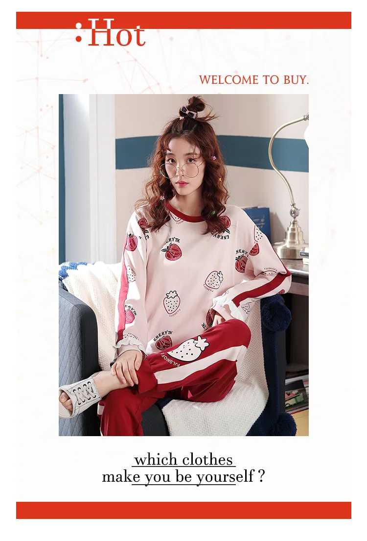 Pajamas Women's Spring And Autumn 6535 Knitted Cotton Long Sleeve Trousers Crew Neck Women's Japanese Korean Nursing Home Wear T