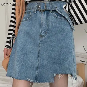 

Skirts Women Denim High Waist A-line with Sashes Pockets Irregular Fur-line Korean Style Simple All-match Slim Summer Womens New