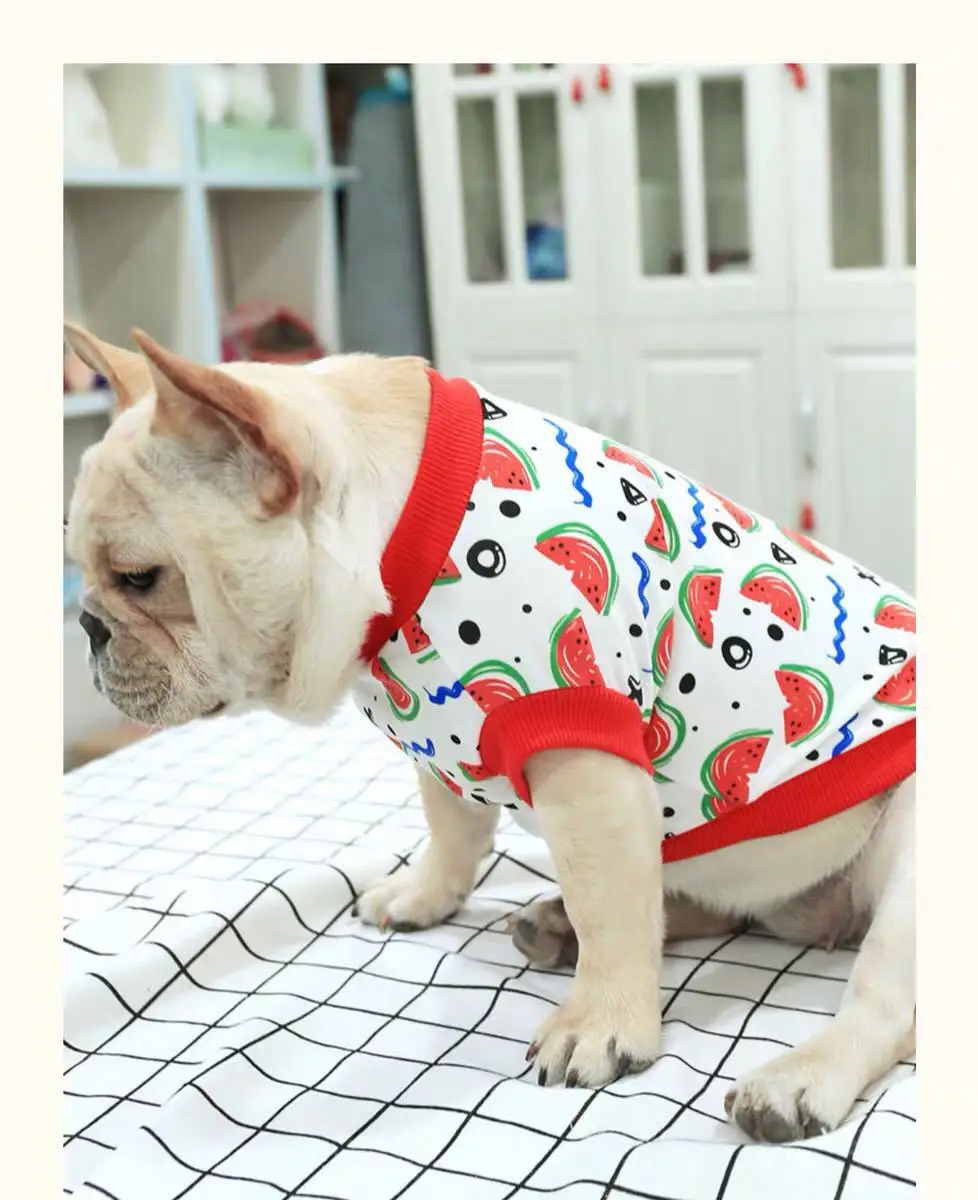 Low Bucket Corgi Fat gou fu shi Милая Одежда для питомцев с принтом арбуза, Весенняя и летняя дышащая рубашка с круглым вырезом для собак во французском стиле