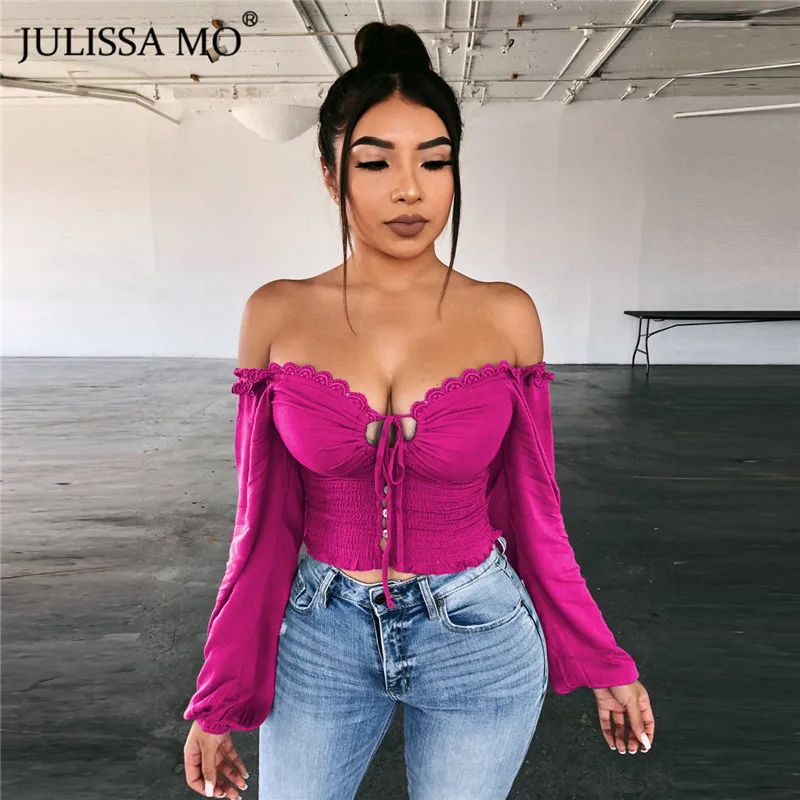 JULISSA MO белые сексуальные футболки с открытыми плечами женские топы Осенняя футболка без бретелек на шнуровке модная футболка для вечеринки с длинным рукавом