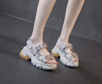 

Real leather sandals women 2020 pine cake suction film thick bottom rhinestone casual beach Women's Roman shoes