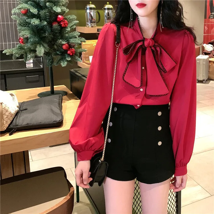 

New Style Winter Retro Solid Color Simple Versatile Tops Bow Lace-up Christmas Girl'S Drape Single Breasted Shirt