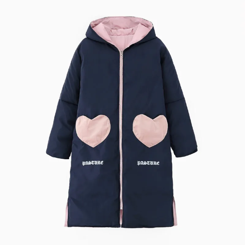 Дизайн, две зимние куртки в форме сердца, Женская милая верхняя одежда с капюшоном, Женская двухсторонняя Удобная Зимняя парка