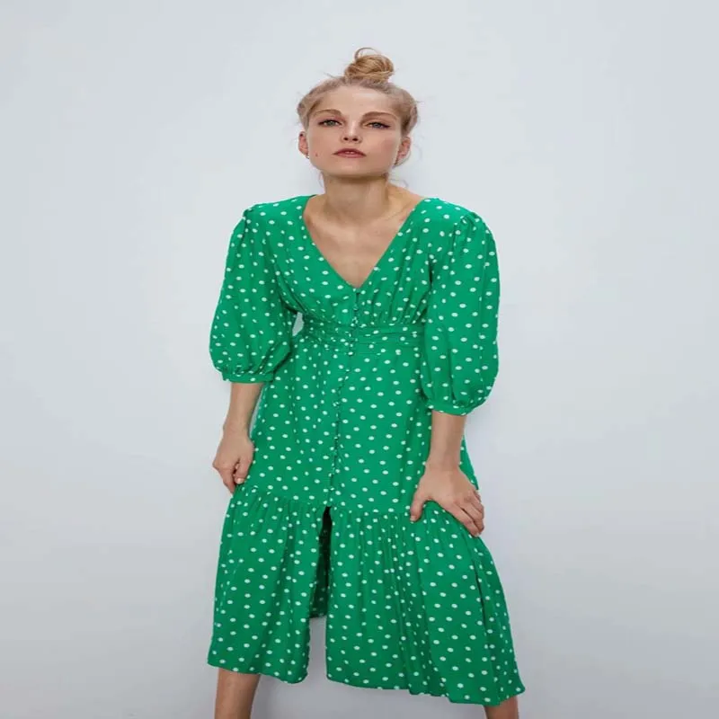 Весна-лето 2020 новое модное пляжное платье в зеленый горошек Повседневное с