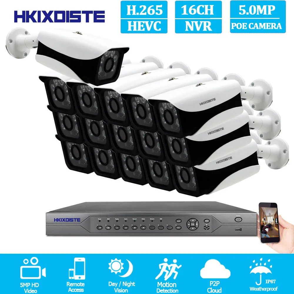 16 Pcs 5MP IP Camera HKIXDISTE H.265, супер HD, 16CH, 5MP, 8CH, 4 K, POE, камера безопасности, система, комплект, POE, ip-камера, уличная, cctv, видеонаблюдение, NVR набор - Цвет: 16 Pcs 5MP IP Camera