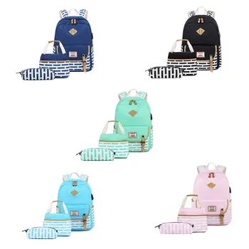 

3pcs School Backpack Canvas Laptop Daypack with USB Charging Port Teenage Large Capacity Schoolbag Bookbag Pencil Case