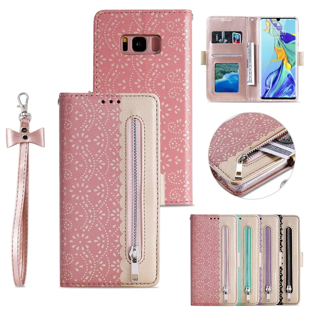 

LAPOPNUT for Samsung Galaxy J6 Plus 2018 J4 A6 A7 A8 Lace Pattern Lanyard Zipper Leather Case Cover for A20 A20e A40 A50 A30
