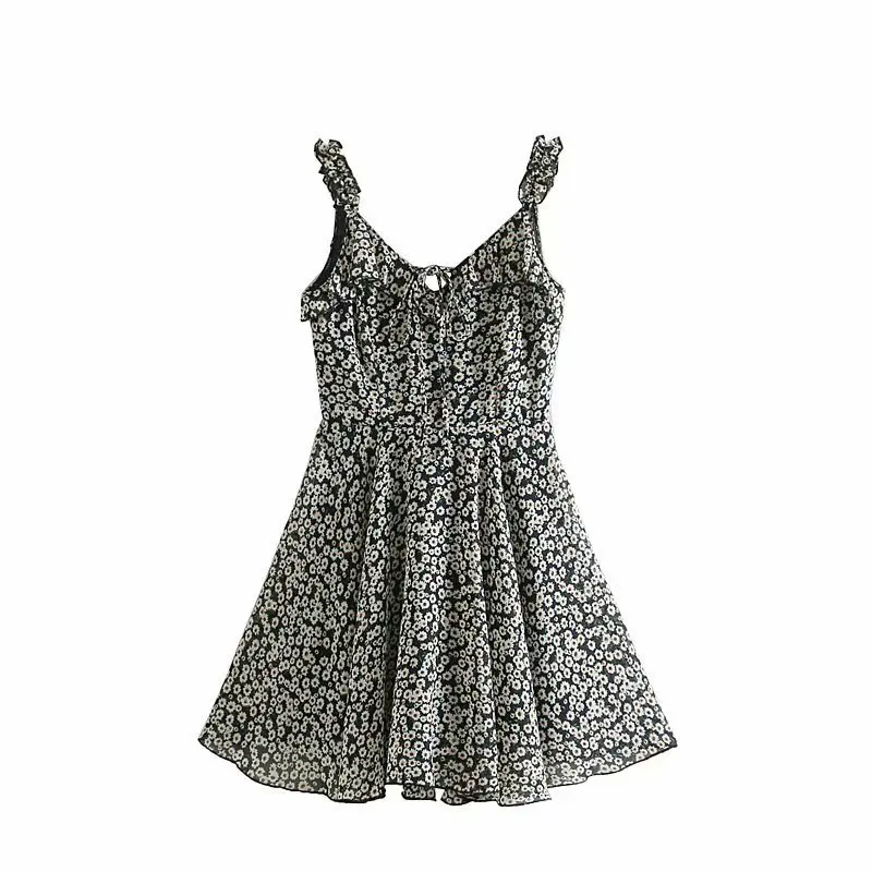 

Europe And America 2019 Summer New Style Versitile Fashion Floral Print V-neck Lace-up High-waisted Slimming Flounced Strapped D