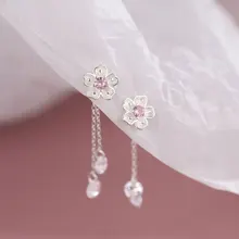  925 Sterling Silver Tassel Chain Cherry Blossoms Drop Earrings For Women Girls Wedding Elegant Korean Party Jewelry gift 