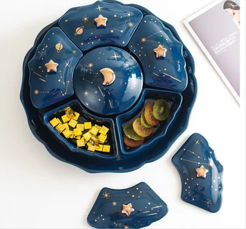

Rotatable Creative Ceramic Dried Fruit Plate Starry Sky Rotatable 6-grid Lid Snack Dessert Tray Trinket Dish Cute Ceramic Tray