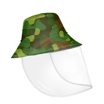 

Green Camouflage Pattern Women's Sun Cap Anti-splash Summer Bucket Hat with Face Protective Cover Removable Facial Custom Design