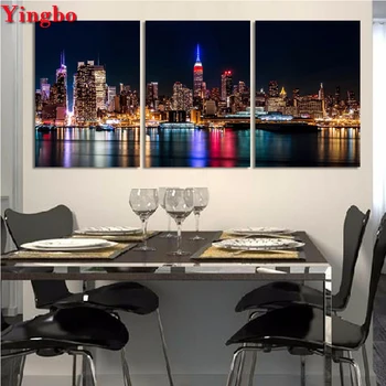 

Diy diamond embroidery full square Round diamond painting New York City Nightscape 5D Rhinestone mosaic decoration triptych