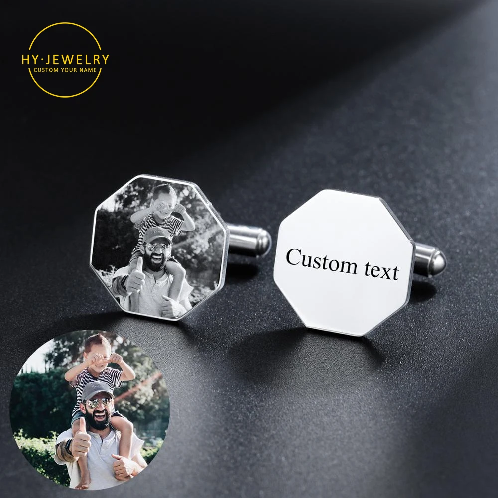 Custom Name Cufflinks Engraving Picture Name Cufflinks Buttons Wedding Gifts Sliver Hexagon Suit