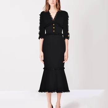 

Black Ruffle Lace Dress Mermaid V Neck Sexy Bodycon Midi Slim Autumn Elegant Party Runway Tunic Vintage Dress Women Vestidos