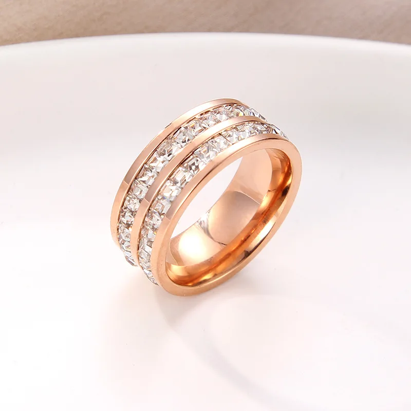 Double Crystal Woman Fashion Ring Rose Gold Filled Titanium Steel Rings for Women Finger Rings Fashion Rings Fashion Ring Crystal Rings Metal Rings Titanium Steel Rings
