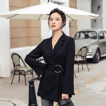 

Chic Solid Black Women Blazer 2020 Spring Single Breasted Office Ladies Sashes suit Outerwear Casual Work Female Blazer Coat