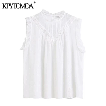 

KPYTOMOA Women 2020 Fashion See Through Dotted Mesh Blouses Vintage O Neck Sleeveless Ruffles Female Shirts Blusas Chic Tops