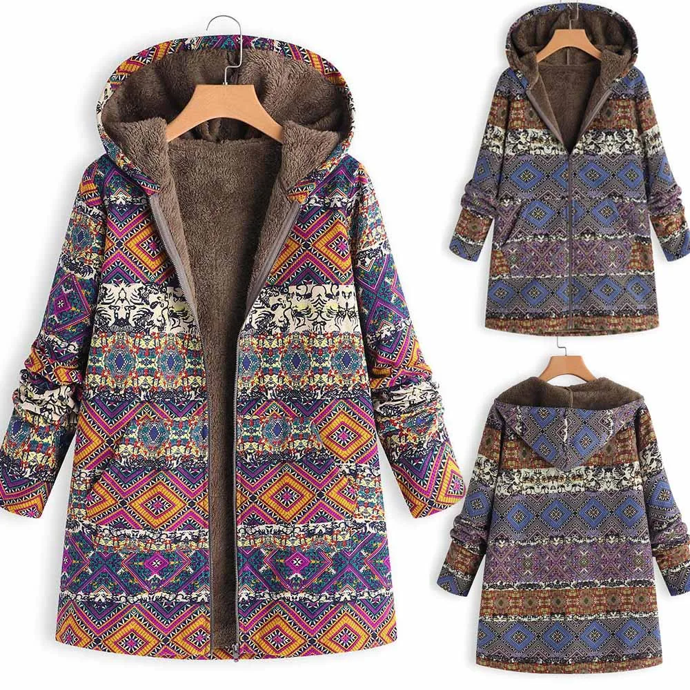 Женское пальто, зимнее теплое пальто, верхняя одежда с цветочным принтом, с капюшоном, с карманами, Ретро стиль, большие размеры, пальто для женщин, на молнии, утепленная теплая верхняя одежда# G1